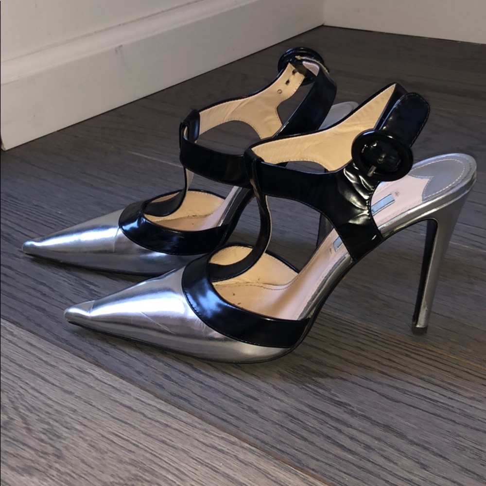 Silver Prada pumps